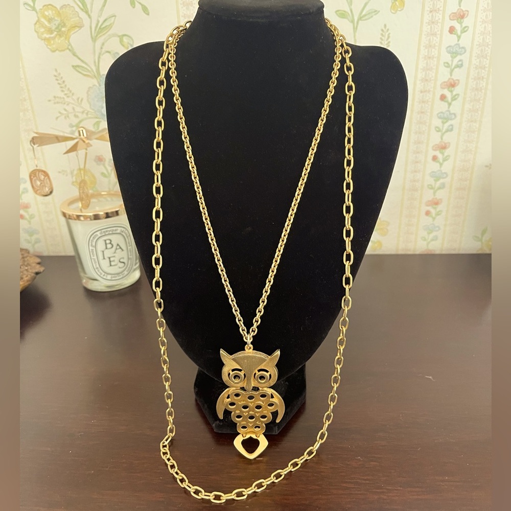The brush gold owl long necklace